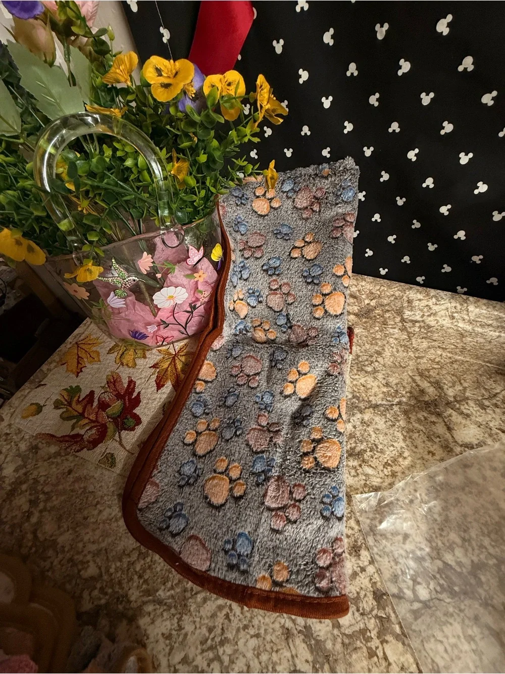 Plush Paw-Print Dog Blanket - Gray with Blue & Peach Paws 34X40 inches